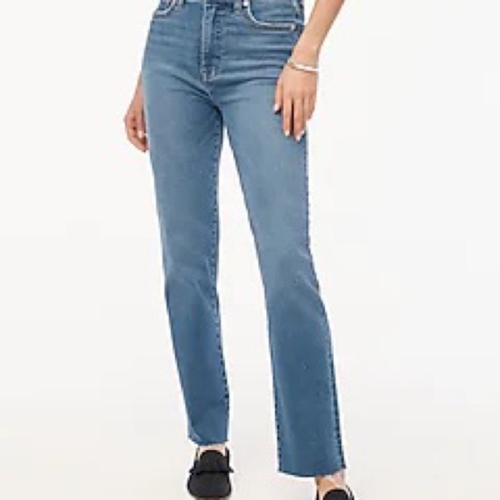 J.Crew Women’s Stovepipe Blue Straight Leg Jeans with a frayed hem; Size 26